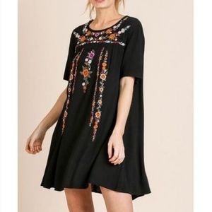 Umgee Floral Embroidered A-line‎ Tee Dress.